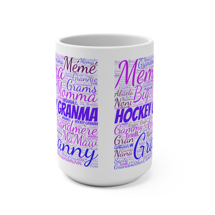 Hockey Grandma 15oz Ceramic Mug — Purple Word-Cloud Design (Granny, Meme, MaMaw)
